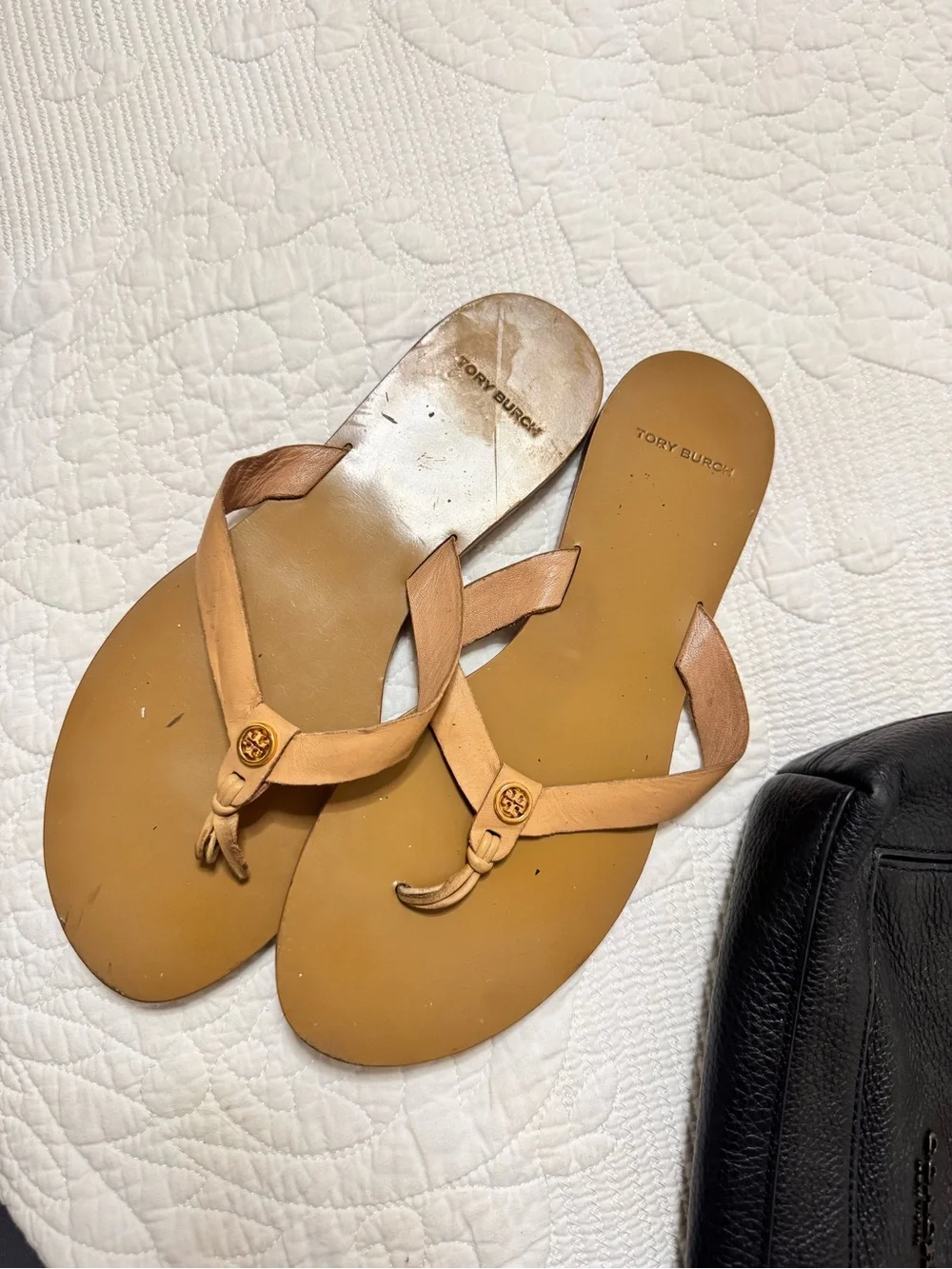 Tory Burch Calf Leather Manon Thong Sandals Natural Vachetta Size 8M